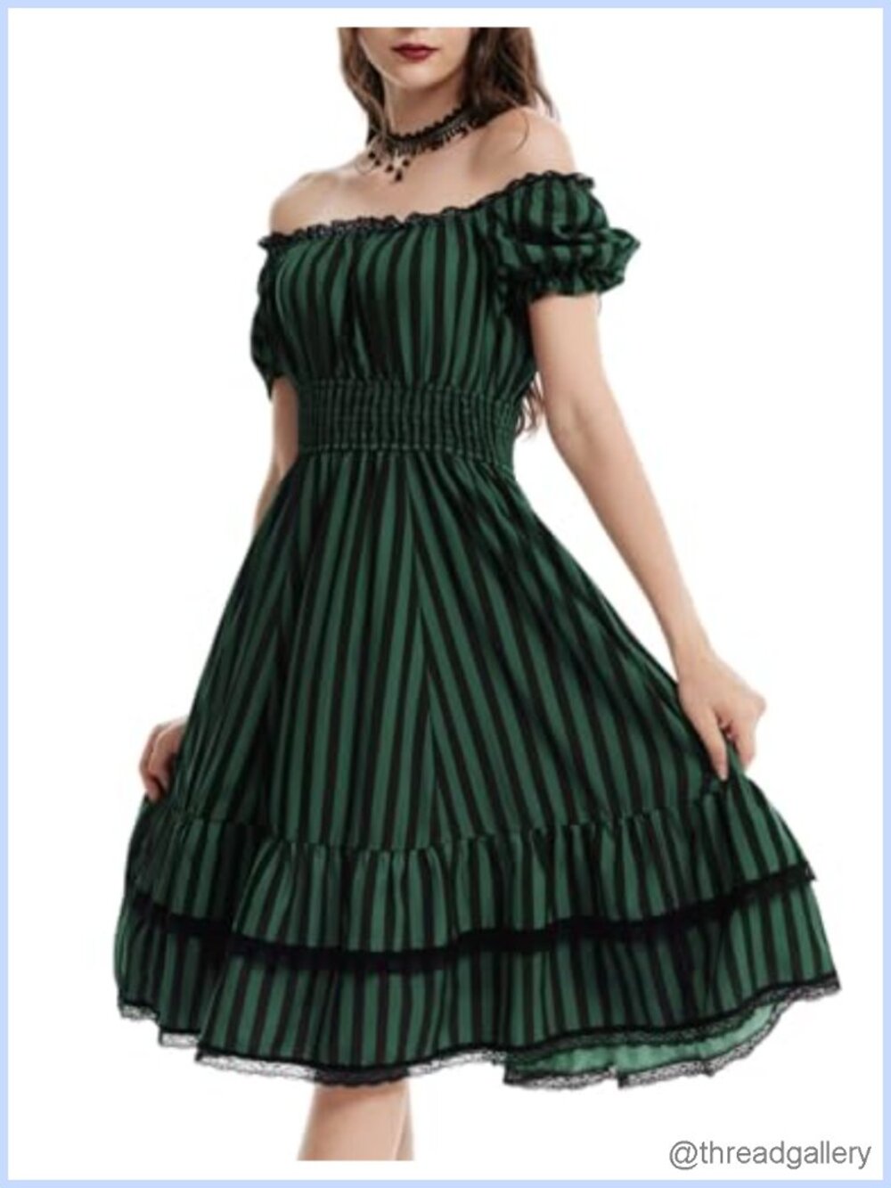 Gothic Pirate Corset A Line Midi Dress Pockets Puff Sleeve Square Neck